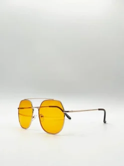 Sunglasses*SVNX Gold Rounded Aviator Style Sunglasses Yellow