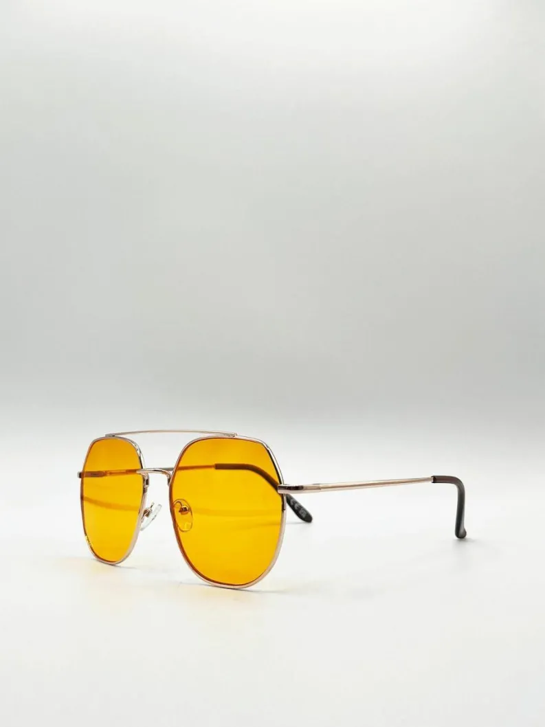 Sunglasses*SVNX Gold Rounded Aviator Style Sunglasses Yellow
