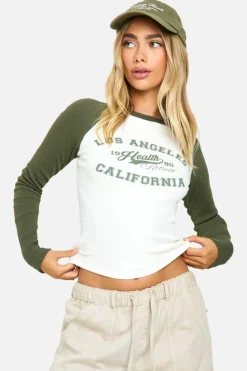Long Sleeve Tops*boohoo GRAPHIC RAGLAN LONG SLEEVE TOP khaki