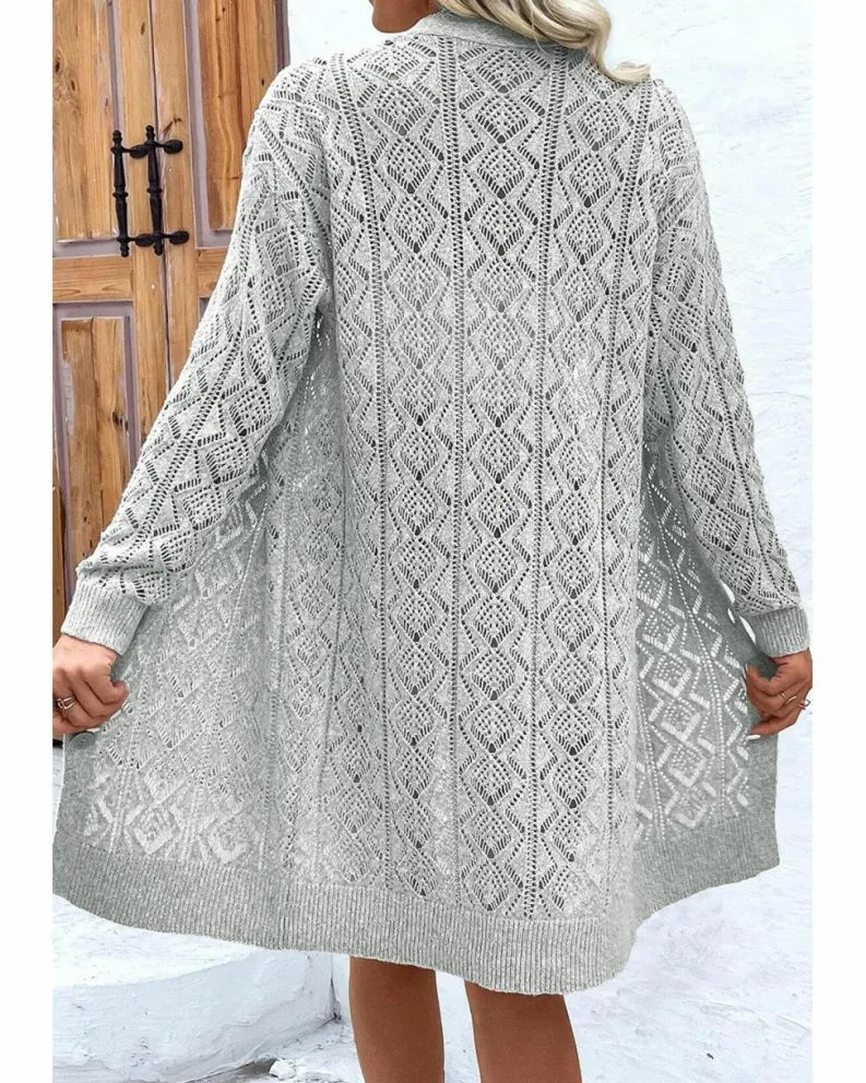 Cardigans*Azura Exchange Gray Hollow Out Buttons Front Long Cardigan Grey
