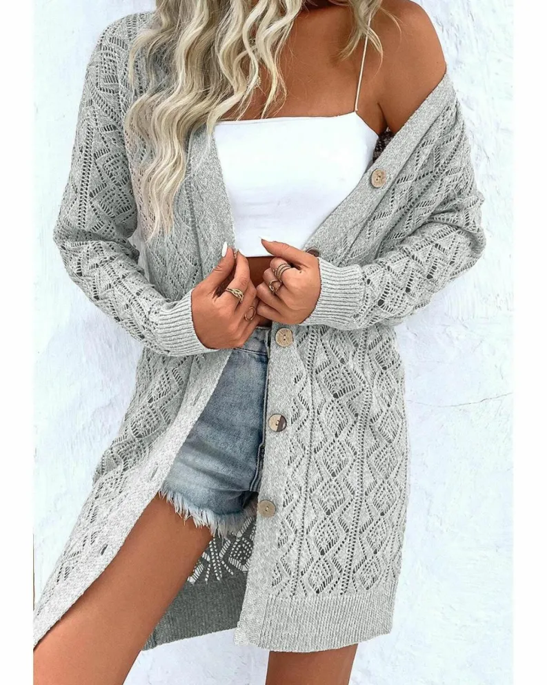Cardigans*Azura Exchange Gray Hollow Out Buttons Front Long Cardigan Grey