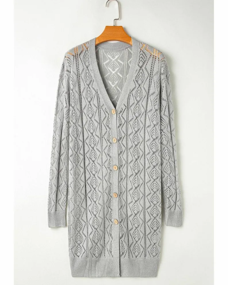 Cardigans*Azura Exchange Gray Hollow Out Buttons Front Long Cardigan Grey
