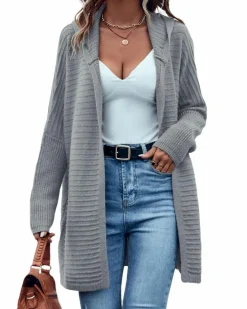 Cardigans*Azura Exchange Gray Horizontal Rib Knitted Open Front Hooded Cardigan Grey