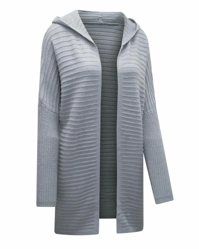 Cardigans*Azura Exchange Gray Horizontal Rib Knitted Open Front Hooded Cardigan Grey