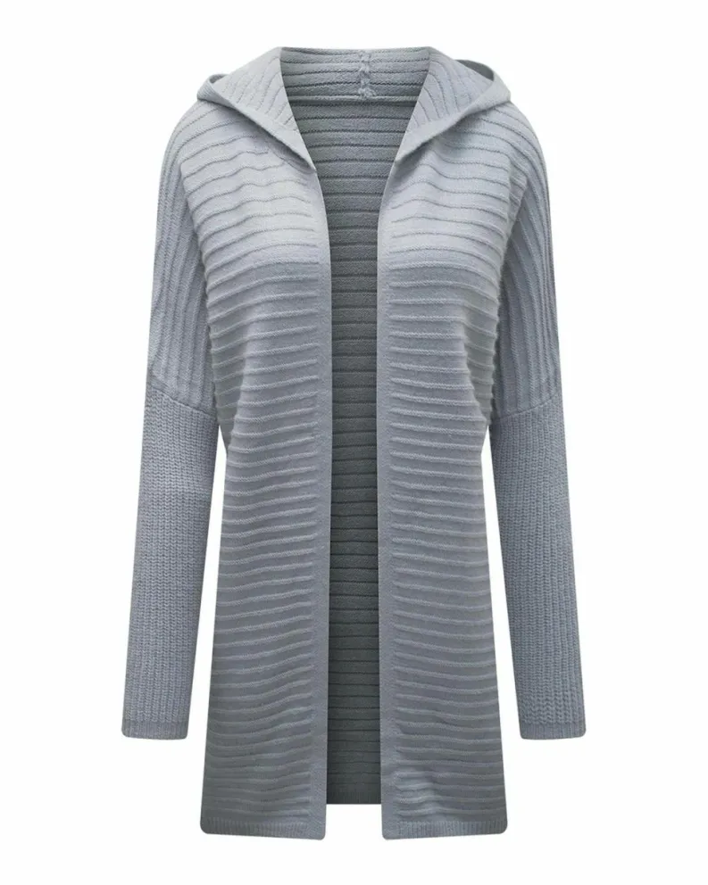 Cardigans*Azura Exchange Gray Horizontal Rib Knitted Open Front Hooded Cardigan Grey