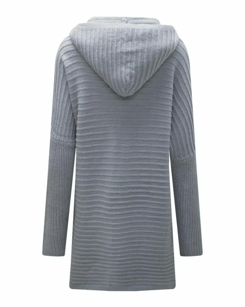 Cardigans*Azura Exchange Gray Horizontal Rib Knitted Open Front Hooded Cardigan Grey