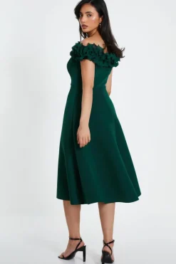 Midi Dresses*Quiz Bardot Ruffle Skater Midi Dress Green