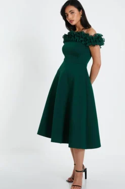 Midi Dresses*Quiz Bardot Ruffle Skater Midi Dress Green