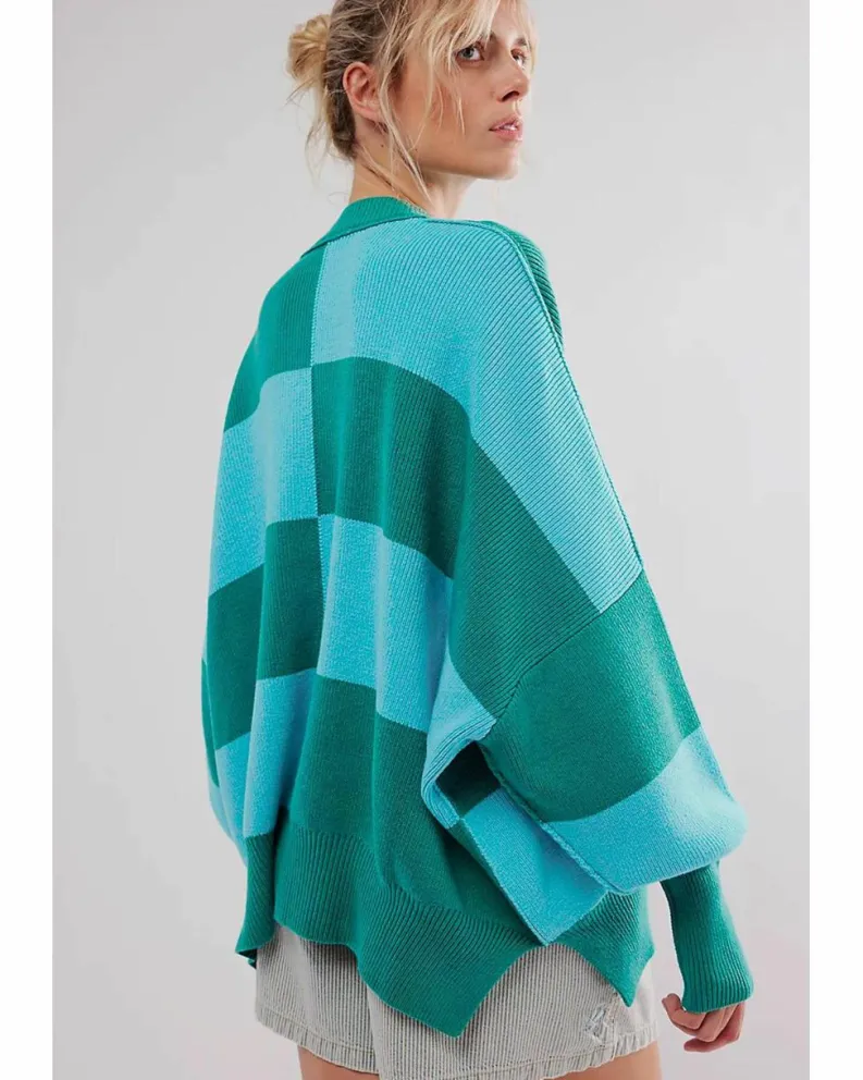 Cardigans*Azura Exchange Checkered Side Slits Drop Shoulder Oversized Sweater Green