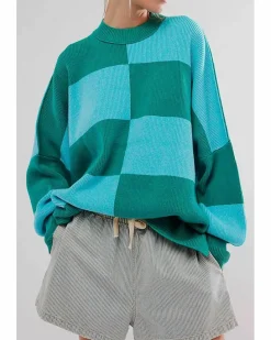 Cardigans*Azura Exchange Checkered Side Slits Drop Shoulder Oversized Sweater Green