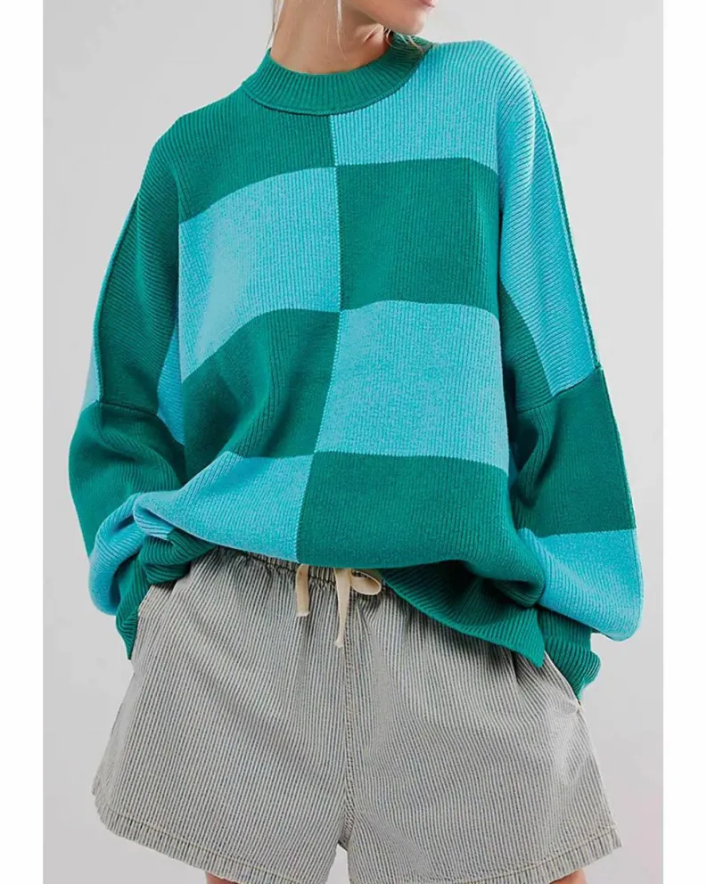 Cardigans*Azura Exchange Checkered Side Slits Drop Shoulder Oversized Sweater Green