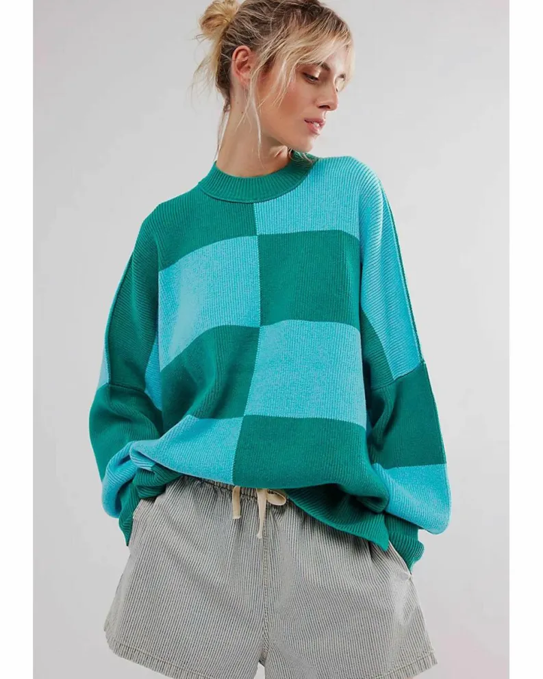 Cardigans*Azura Exchange Checkered Side Slits Drop Shoulder Oversized Sweater Green