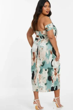 Midi Dresses*Quiz Curve Marble Print Bardot Midi Dress Green