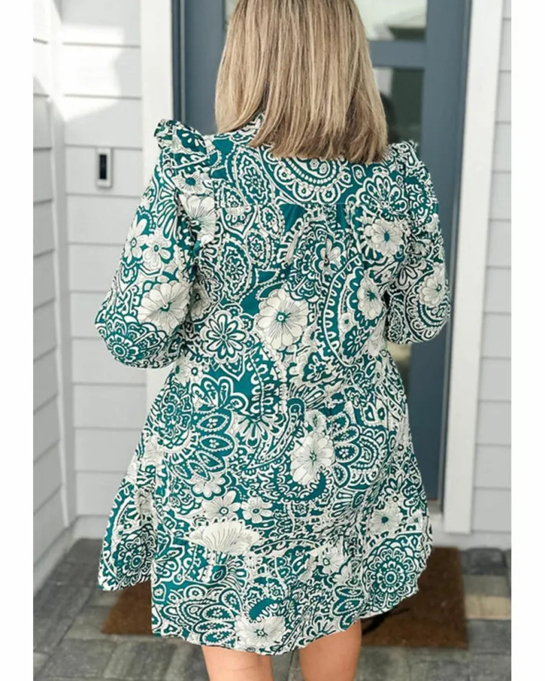 Shirt Dresses*Azura Exchange Floral Flounce Sleeve Split Neck Plus Size Dress Green