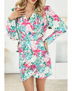 Wrap Dresses*Azura Exchange Lace-up High Waist Wrap V Neck Floral Mini Dress Green