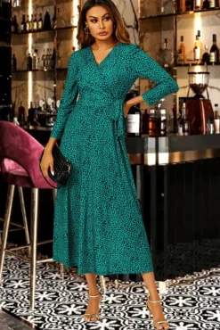 Wrap Dresses*FS Collection Leopard Print Wrap Top Midi Dress Green