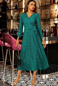 Wrap Dresses*FS Collection Leopard Print Wrap Top Midi Dress Green