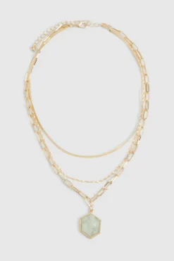 Necklaces*boohoo Green Stone Drop Chain Necklace gold