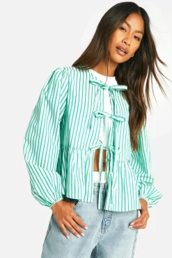 Long Sleeve Tops*boohoo Stripe Tie Front Puff Long Sleeve Smock Top green
