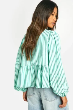 Long Sleeve Tops*boohoo Stripe Tie Front Puff Long Sleeve Smock Top green