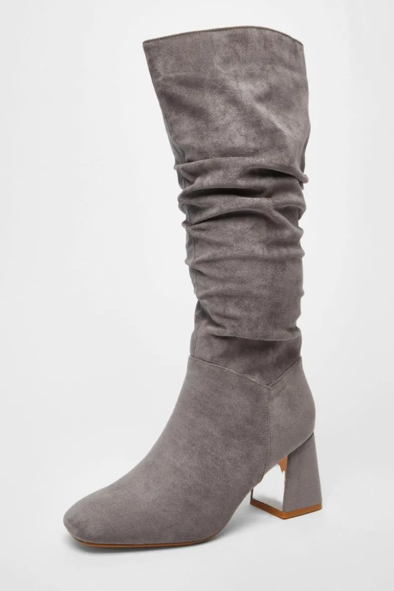 Heeled Boots|All Boots*Quiz Faux Suede Ruched Heeled Boots Grey