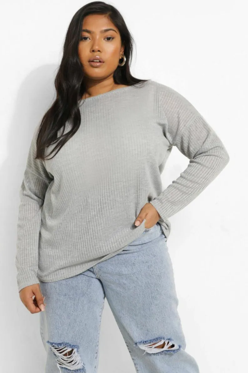 Long Sleeve Tops*boohoo Plus Oversized Rib Long Sleeve T-Shirt grey
