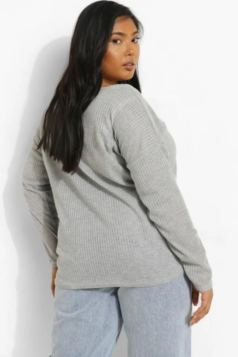 Long Sleeve Tops*boohoo Plus Oversized Rib Long Sleeve T-Shirt grey