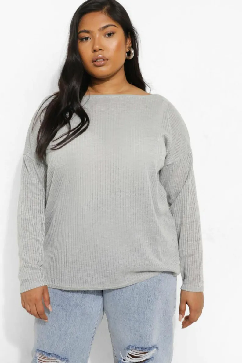 Long Sleeve Tops*boohoo Plus Oversized Rib Long Sleeve T-Shirt grey