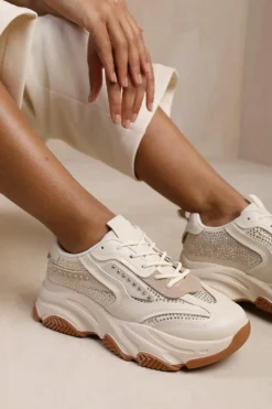 Trainers*Where's That From Groove' Chunky Sole Diamante Detail Trainer Cream
