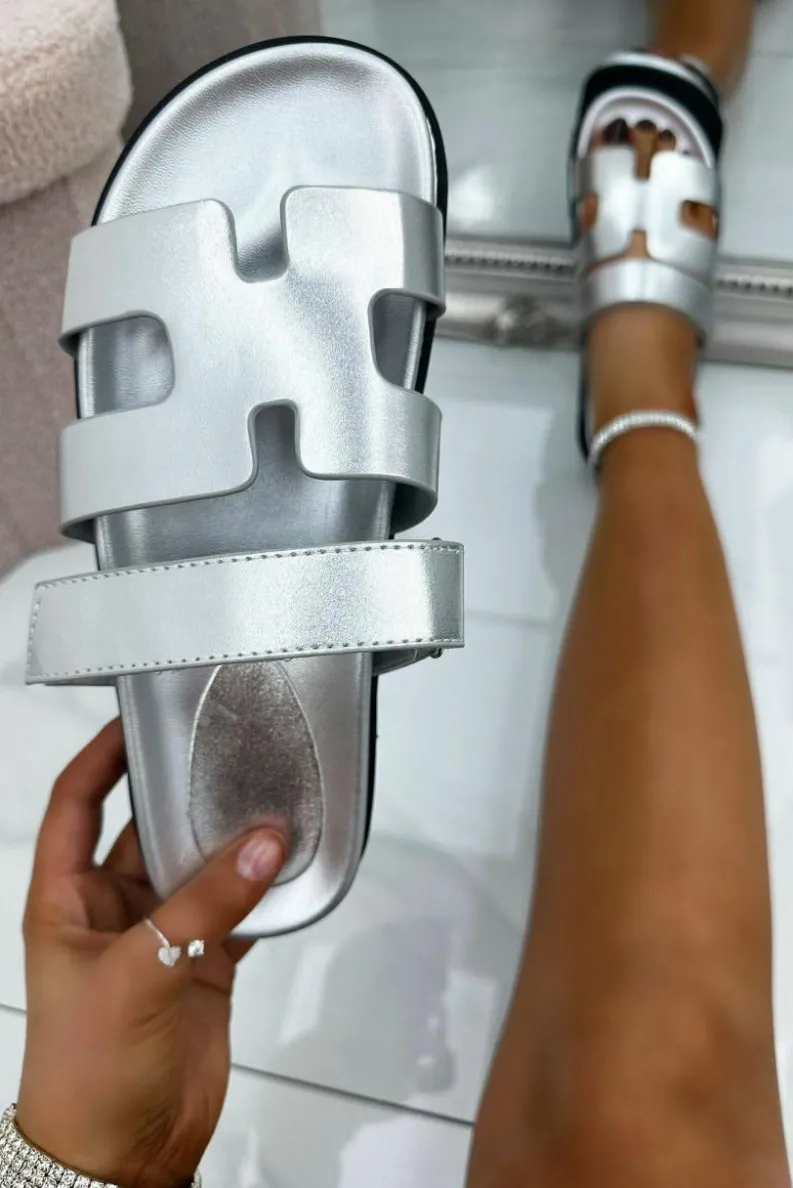 Sandals*Love Lemonade H Cut Out Double Strap Sliders Silver