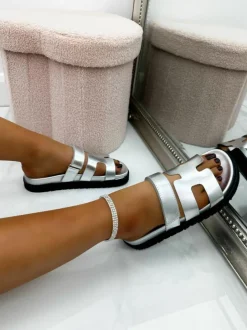 Sandals*Love Lemonade H Cut Out Double Strap Sliders Silver