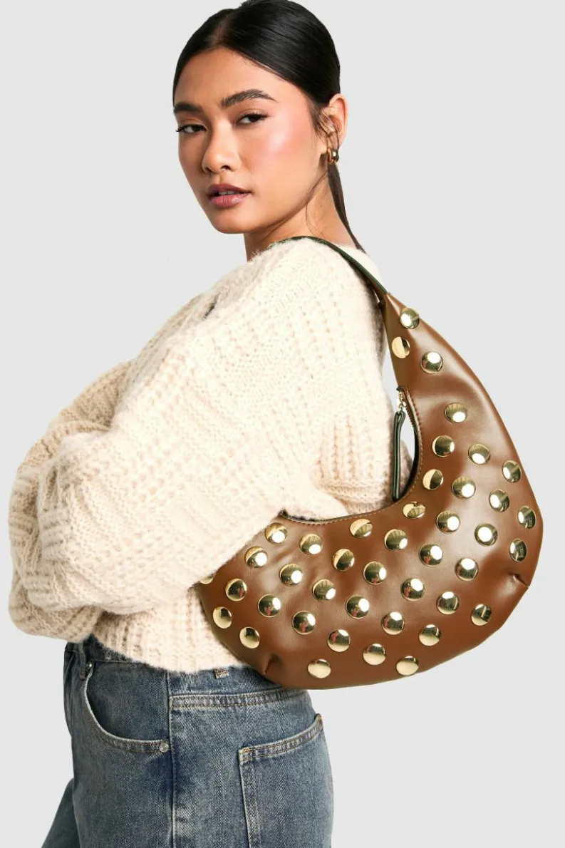 Shoulder Bags|Handbags*boohoo Half Moon Studded Leather Look Shoulder Bag chocolate