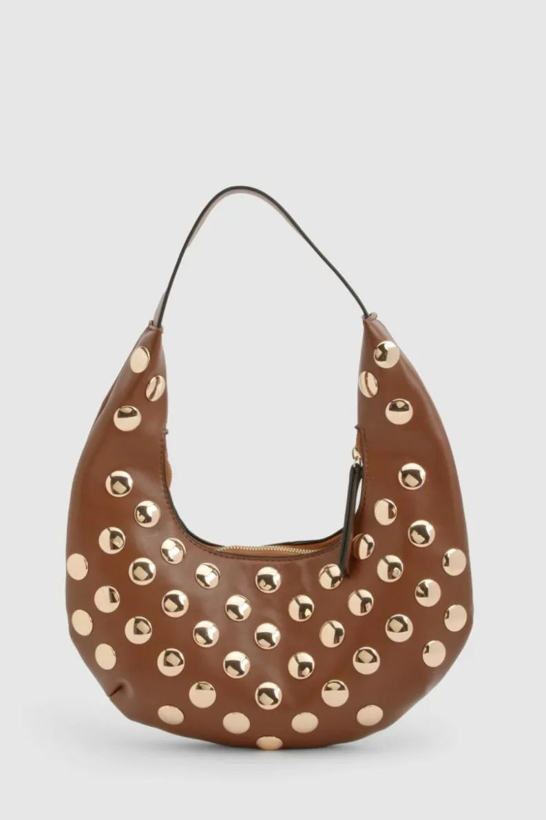 Shoulder Bags|Handbags*boohoo Half Moon Studded Leather Look Shoulder Bag chocolate