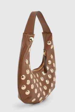 Shoulder Bags|Handbags*boohoo Half Moon Studded Leather Look Shoulder Bag chocolate