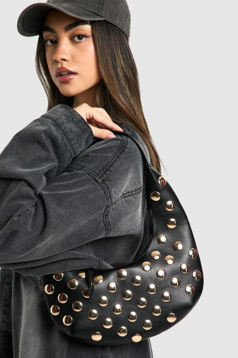 Shoulder Bags|Handbags*boohoo Half Moon Studded Leather Look Shoulder Bag black