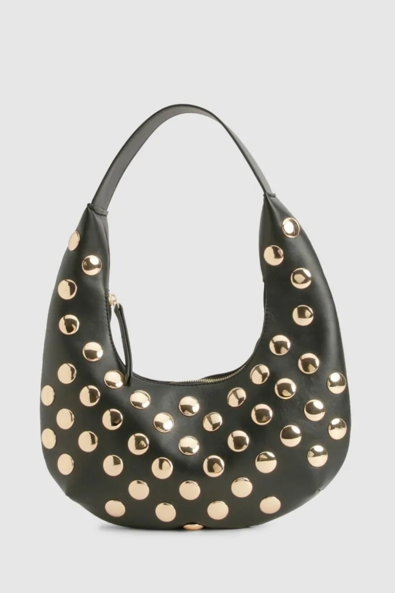 Shoulder Bags|Handbags*boohoo Half Moon Studded Leather Look Shoulder Bag black