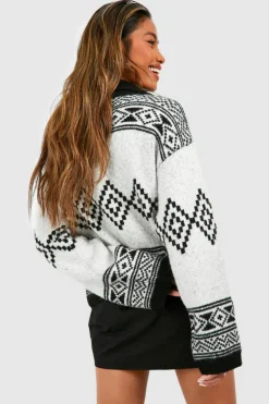 Oversized Jumpers|Jumpers*boohoo Half Zip Aztec Print Oversized Jumper ivory