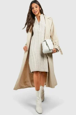 Mini Dresses|Jumper Dresses*boohoo Half Zip Cable Knit Jumper Dress stone