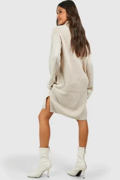 Mini Dresses|Jumper Dresses*boohoo Half Zip Cable Knit Jumper Dress stone