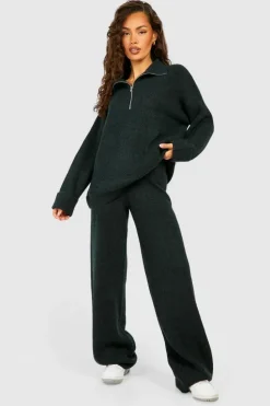 Knitted Co-Ords|Knitwear*boohoo Half Zip Funnel Neck And Wide Leg Trouser Knitted Tracksuit ink