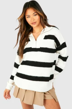 Oversized Jumpers|Jumpers*boohoo Half Zip Funnel Neck Stripe Jumper white