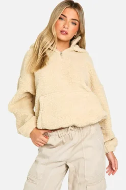 Sweatshirts|Hoodies & Sweatshirts*boohoo HALF ZIP FUNNEL NECK ZIP BORG HOODIE stone