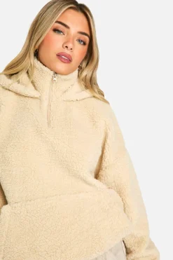 Sweatshirts|Hoodies & Sweatshirts*boohoo HALF ZIP FUNNEL NECK ZIP BORG HOODIE stone