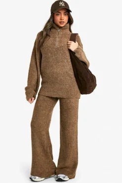 Knitted Co-Ords|Knitwear*boohoo Half Zip Oversized Jumper And Wide Leg Trouser Borg Knit Co-ord camel