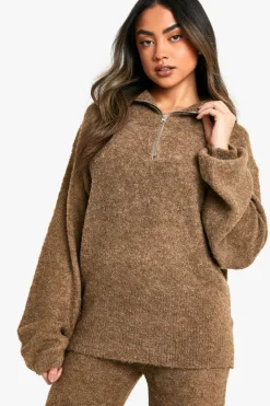Knitted Co-Ords|Knitwear*boohoo Half Zip Oversized Jumper And Wide Leg Trouser Borg Knit Co-ord camel