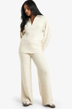 Knitted Co-Ords|Knitwear*boohoo Half Zip Oversized Jumper And Wide Leg Trouser Borg Knit Co-ord cream
