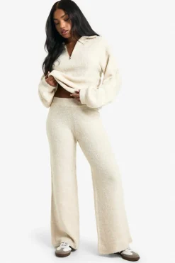 Knitted Co-Ords|Knitwear*boohoo Half Zip Oversized Jumper And Wide Leg Trouser Borg Knit Co-ord cream