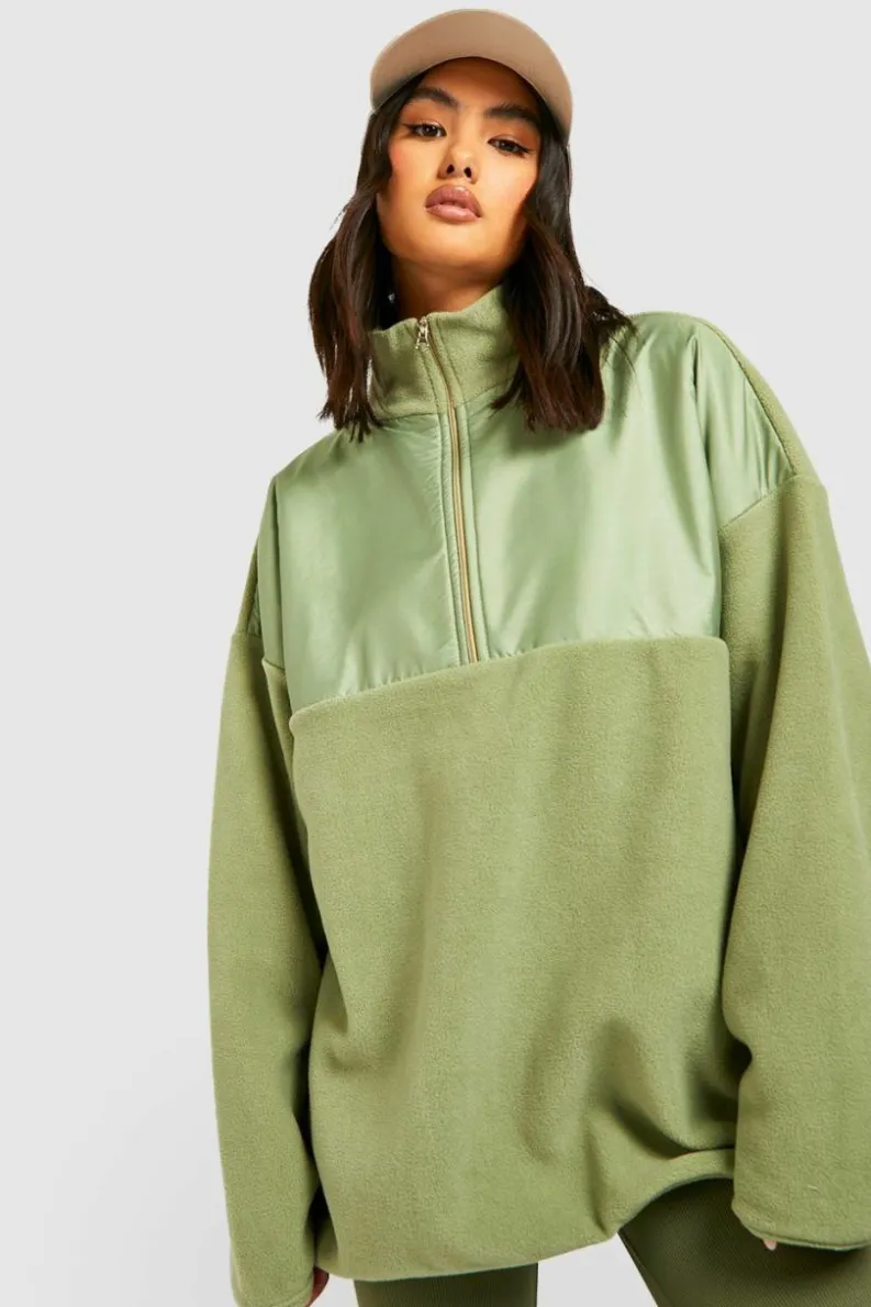 Sweatshirts|Hoodies & Sweatshirts*boohoo Half Zip Polar Fleece And Nylon Mix Sweater sage