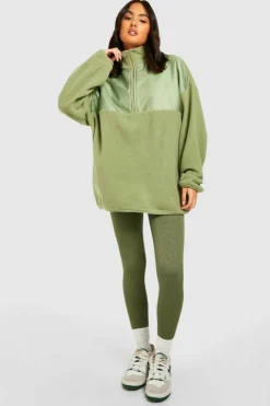 Sweatshirts|Hoodies & Sweatshirts*boohoo Half Zip Polar Fleece And Nylon Mix Sweater sage