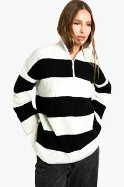 Jumpers*boohoo Half Zip Soft Knit Stripe Jumper black